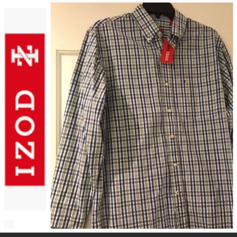 Izod Blue Plaid Button Down Shirt Small NWT